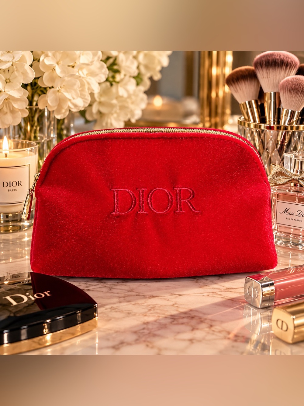 Dior Red Velvet Cosmetic Pouch with Embroidered Logo